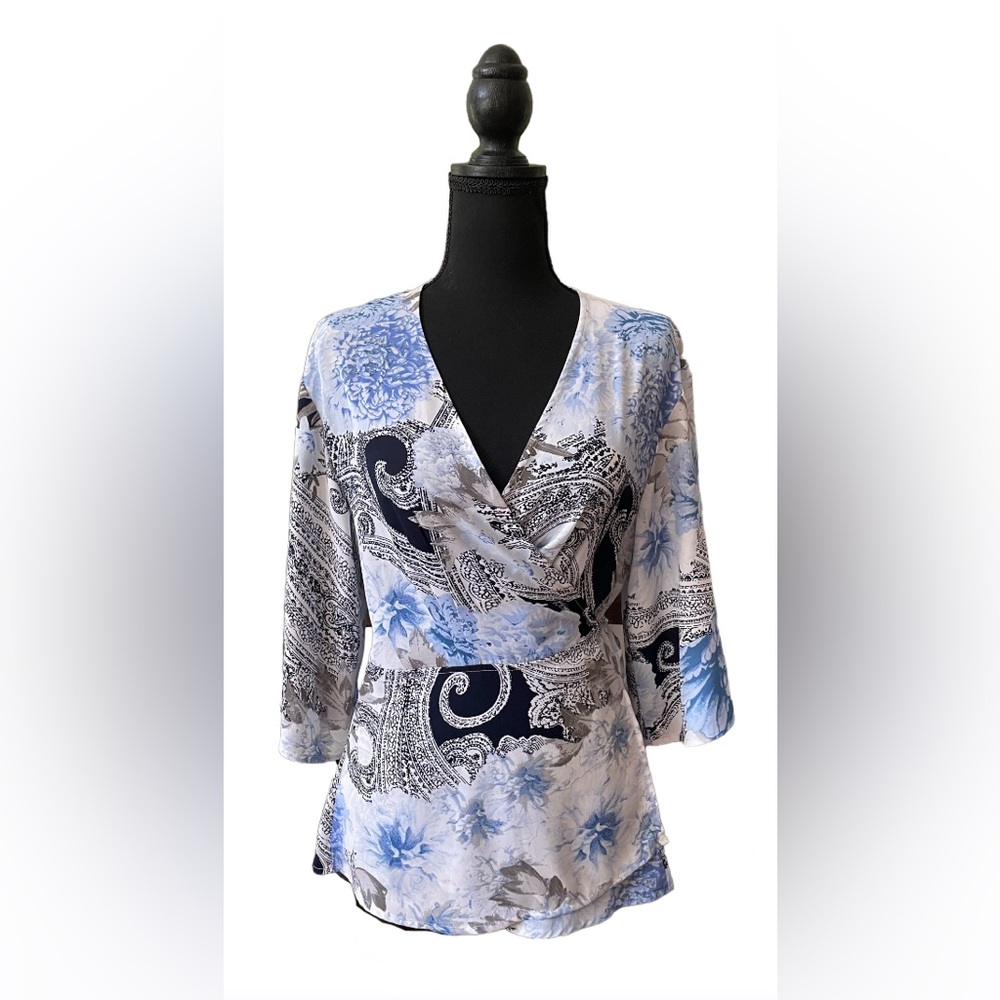 New York & Company Soho: Blue, White and Black Wrap Around Blouse